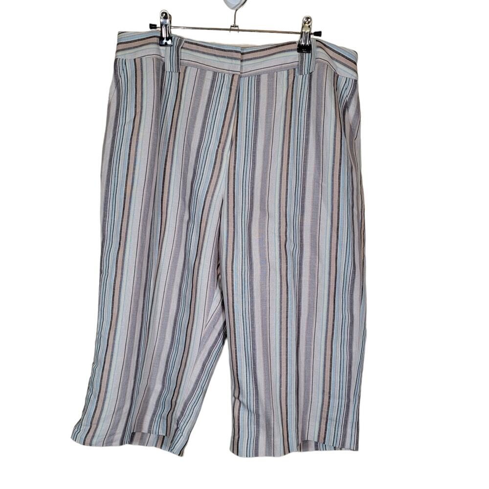 David N Linen Blend Cropped Pants Striped Wide Leg Pockets Size 14 Capri